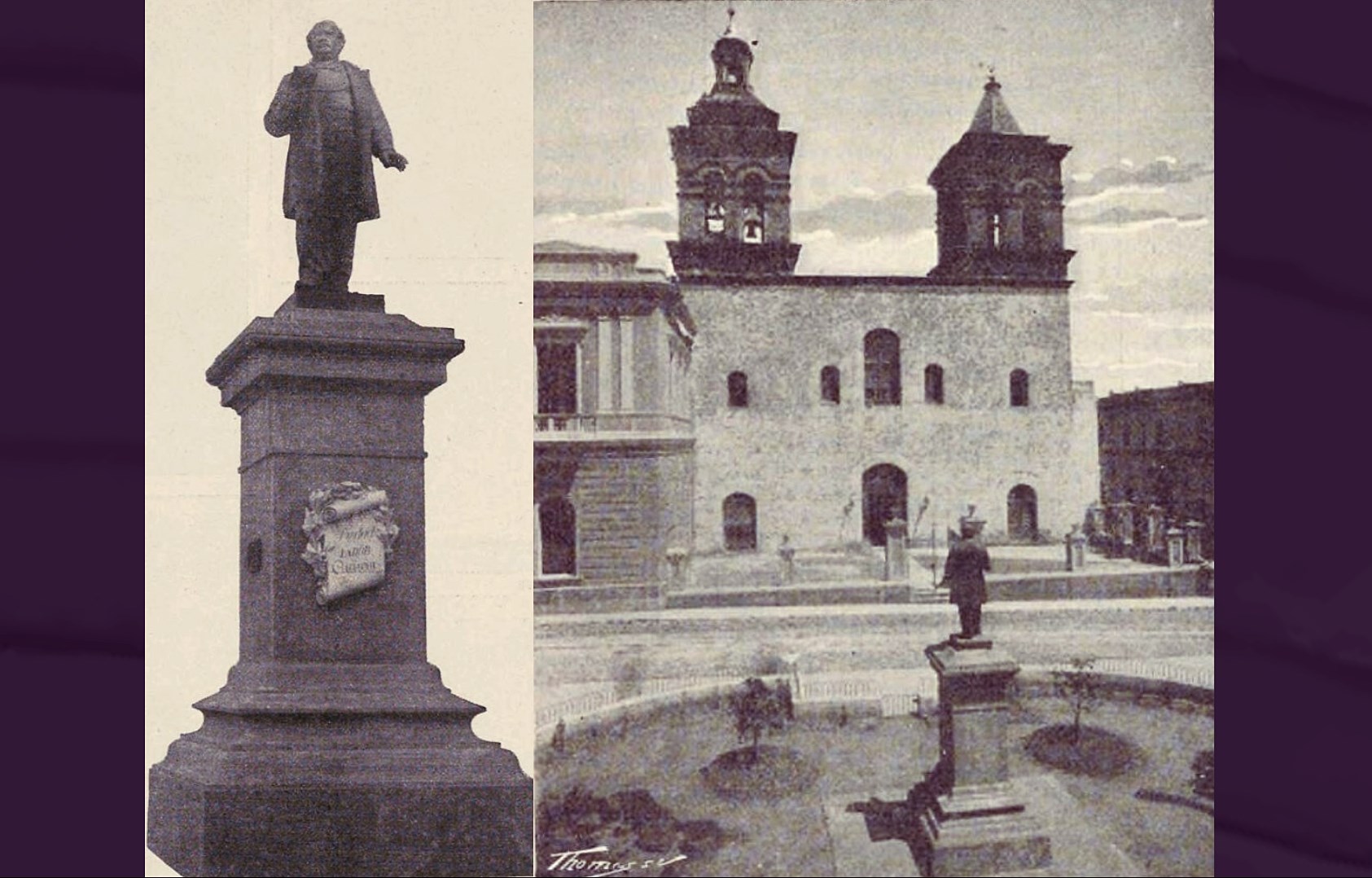 La estatua de Rafael García, de frente y de cara a la Iglesia de la Compañía de Jesús. La Ilustración Artística, Barcelona, Año 1898.