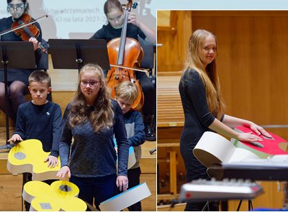 La imagen muestra dos fotos: A la izquierda al fondo, una chica tocando un violonchelo y al frente, a dos chicos tocando objetos que a partir de tocarlos les transmiten vibraciones que emiten sonidos. Imagen tomada de https://www.jarekkordaczuk.pl/touching-the-sound.html