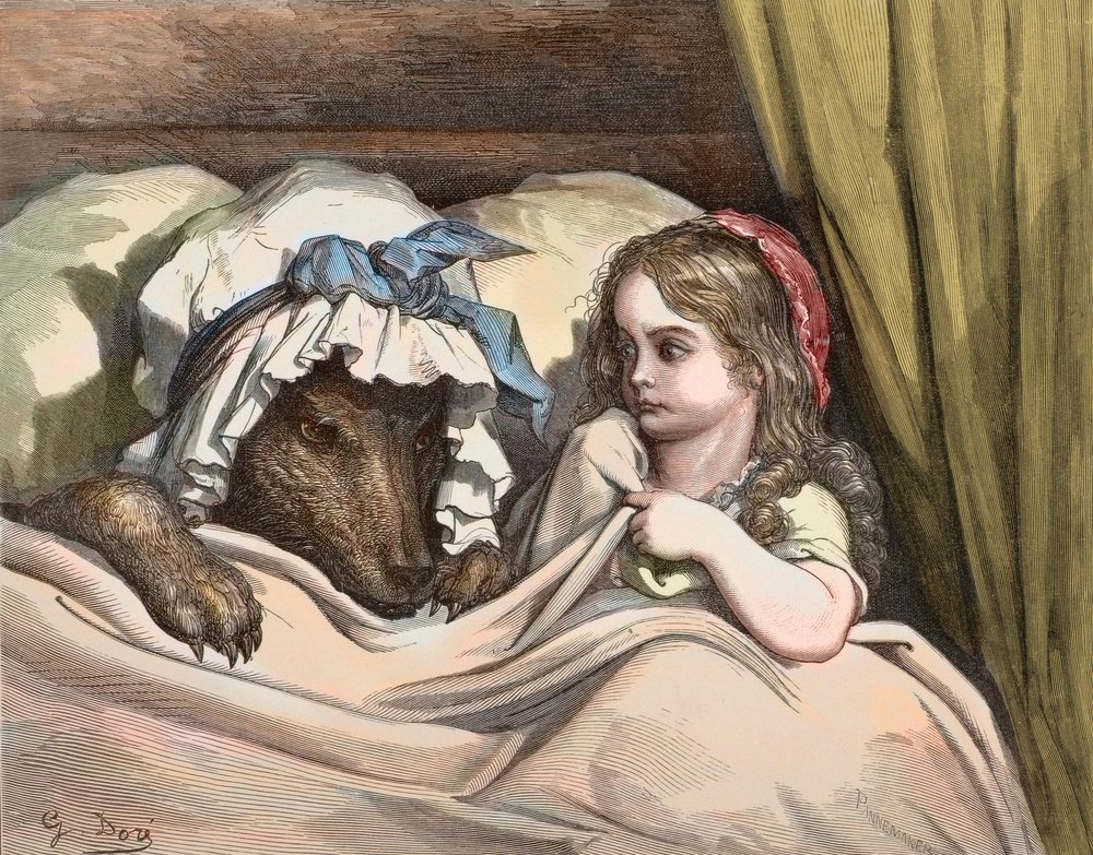 Gustave Dore - Little Red Riding Hood and Wolf dislike like Grandma. Illustration of The Tales