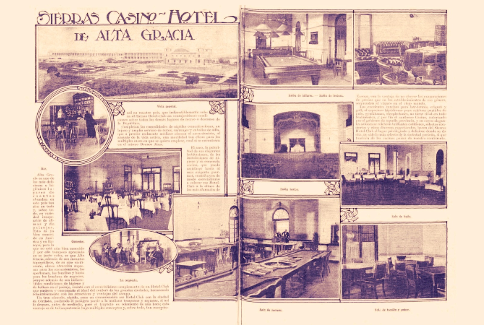 Ambientes del Hotel Sierras y Casino, páginas del semanario "Caras y Caretas", septiembre de 1914.