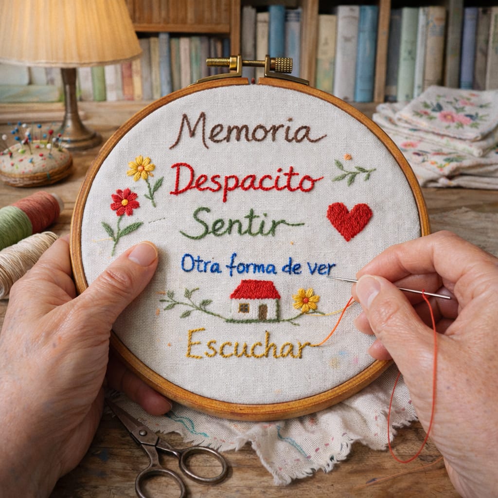 La imagen muestra un bastidor circular en el que están bordadas tres palabras: “Memoria” en color marrón, “Despacito” en color rojo y “Sentir” en color verde oscuro. Abajo una frase: “Otra forma de ver” en color azul seguida de una casa con techo rojo y paredes blancas. Y por último, la palabra “Escuchar” en color naranja rodeadas de flores de colores y un corazón rojo.
