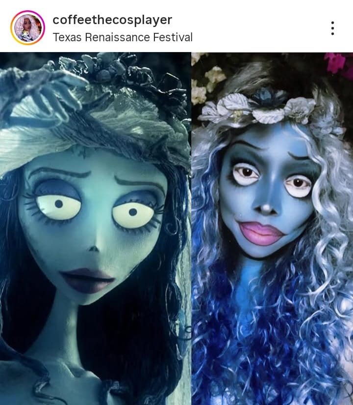 Cosplay del personaje de “Emily” de la película El Cadáver de la Novia. Foto sacada de su cuenta de Instagram: @coffeethecosplayer