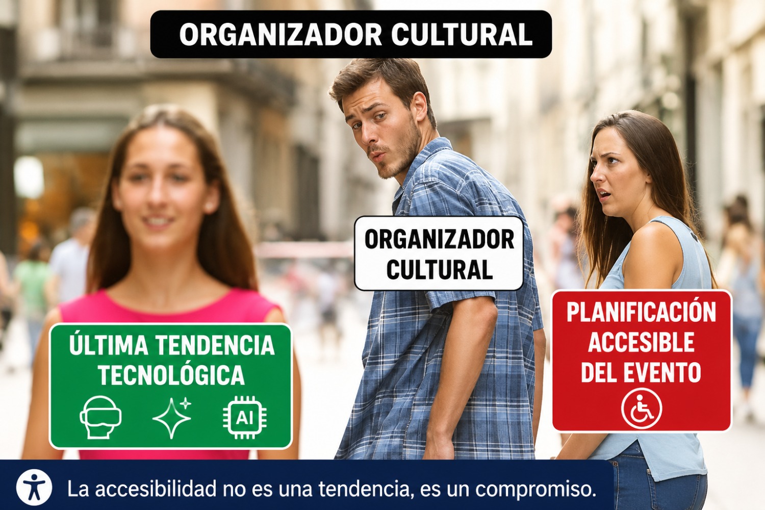 Meme que muestra a un organizador cultural prestando más atención a las tendencias tecnológicas que a la planificación accesible de un evento. El mensaje destaca que la accesibilidad debe ser una prioridad.